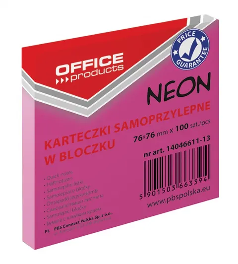 Bloczek biurowy samoprzylepny OFFICE PRODUCTS 76x76mm, 1x100 kart., neon, różowy /14046611-13/