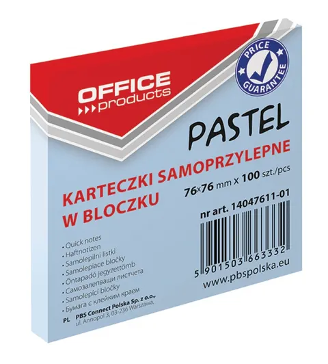 Notes samoprzylepny 76x76mm 100 kartek pastelowy niebieski OFFICE PRODUCTS /14047611-01/
