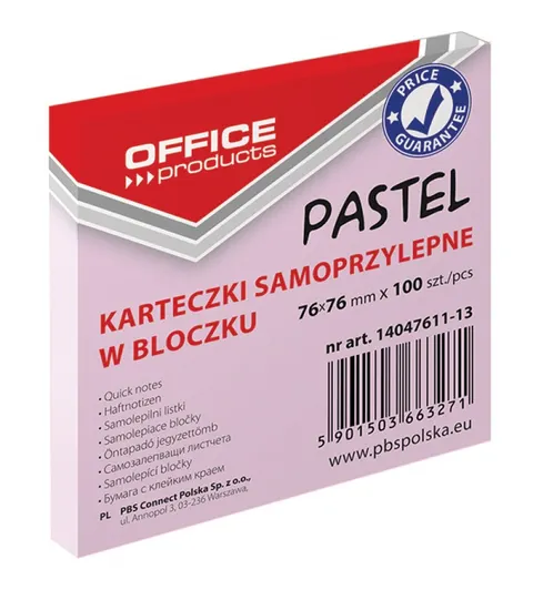 Karteczki samoprzylepne Office Products pastelowe 76 x 76 mm różowe 100 szt.