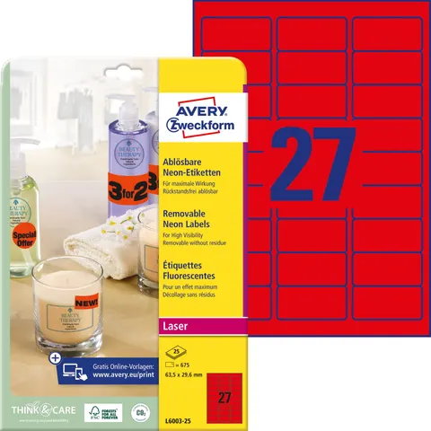 ETYKIETY PAPIEROWE USUWALNE 63,5x29,6mm AVERY ZWECKFORM 25ark 675etykiet NEONOWE CZERWONE /L6003-25/