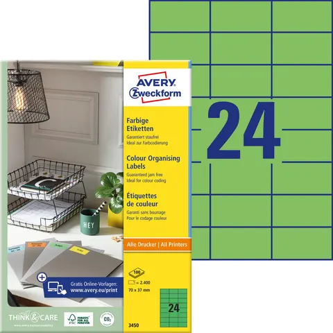 Etykiety trwałe kolorowe Avery Zweckform; A4, 100 ark./op., 70 x 37 mm, zielone /3450/