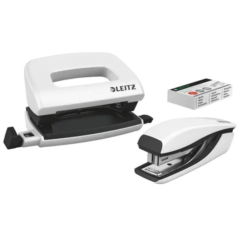 Zestaw zszywacz i dziurkacz metalowy mini Leitz NeXXt WOW - biały perłowy