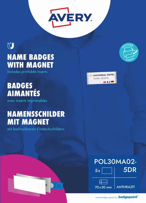 Badgepoint Polar30 - Identyfikator imienny z magnesem smag®, 70 x 30 mm AVERY POL30MA02-5DR - zestaw 5 identyfikatorów + 18 wymiennych etykiet