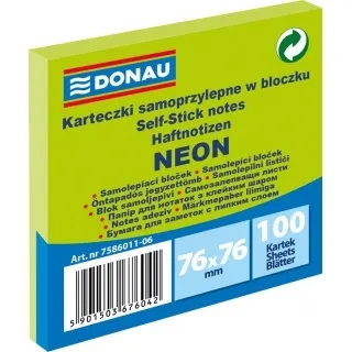 Notes samoprzylepny 76x76 mm 100 kartek neonowy zielony DONAU /7586011-06/