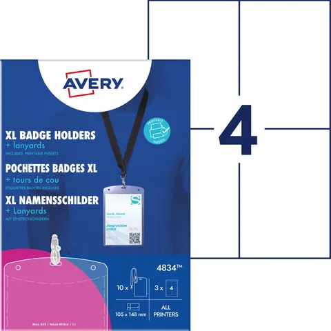 Identyfikator targowy AVERY 4834 - opakowanie 10 kompletów - zestaw Holdery na identyfikatory XL ze smyczami i wkładami