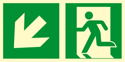 Znak TDC: Kierunek do wyjścia ewakuacyjnego w dół w lewo 1