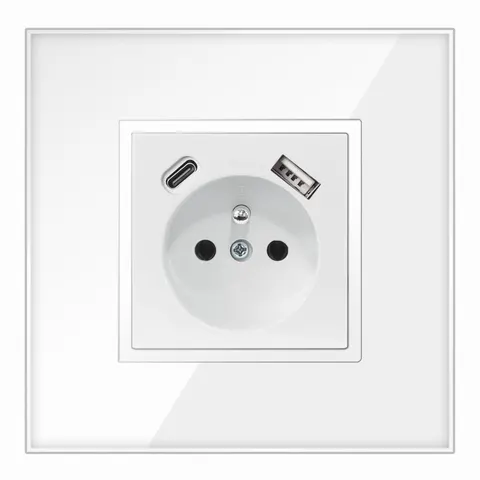 Gniazdo w ramce szklanej pojedyncze z bolcem białe podtynkowe USB C PREMIUM