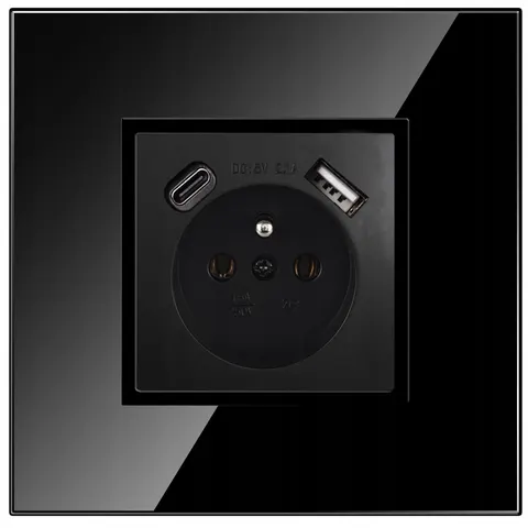 Gniazdo w ramce szklanej pojedyncze z bolcem czarne podtynkowe USB C PREMIUM
