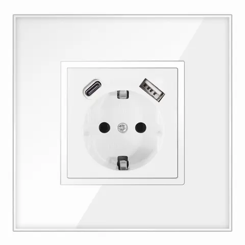 Gniazdo w ramce szklanej pojedyncze Schuko białe podtynkowe USB C PREMIUM