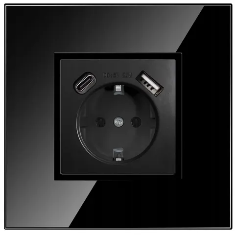 Gniazdo w ramce szklanej pojedyncze Schuko czarne podtynkowe USB C PREMIUM