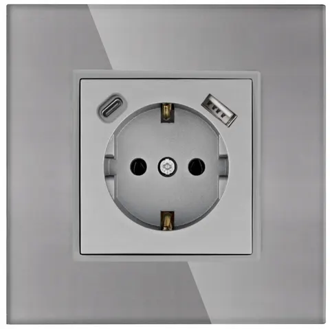 Gniazdo Gniazdko Szklane Pojedyncze Schuko Szare Podtynkowe USB C Premium
