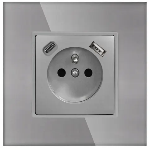 Gniazdo Gniazdko Szklane Pojedyncze Bolcem Szare Podtynkowe USB C Premium