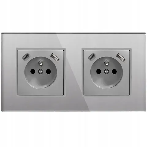 Gniazdko Podwójne Szare Szklane Z Bolcem Z Ładowarką USB Typ A+C 2.1A