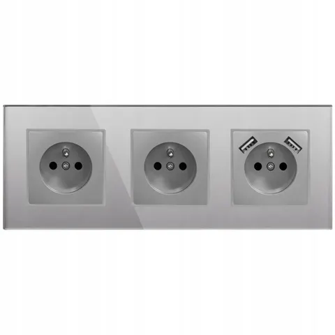 Gniazdko Potrójne Szare Szklane Z Bolcem Kontakt Z Ładowarką 2xUSB Typ A