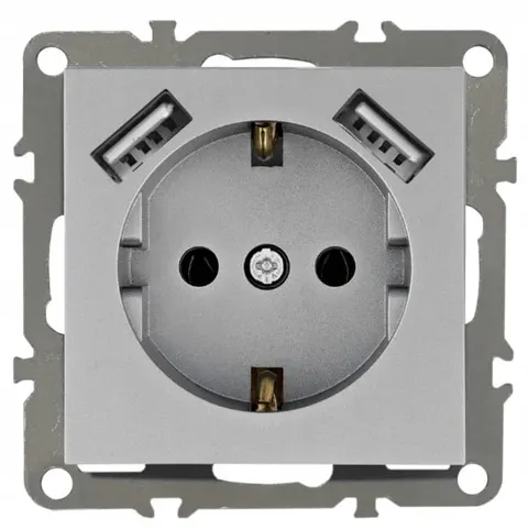 Gniazdo Elektryczne Schuko Szare Gniazdko Pojedyncze Z USB X2 2.1A Typ A