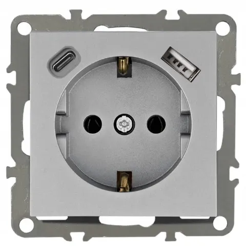Gniazdo Elektryczne Schuko Szare Gniazdko Pojedyncze Z USB A + C 2.1A