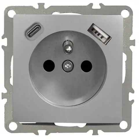 Gniazdo Elektryczne Z Bolcem Szare Gniazdko Pojedyncze Z USB A + C 2.1A