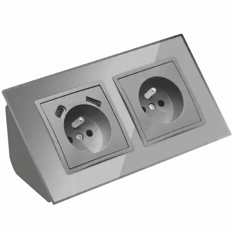 GNIAZDO PODWÓJNE SZKLANE MEBLOWE NAROŻNE BIURKOWE CHOWANE USB TYP C SZARE