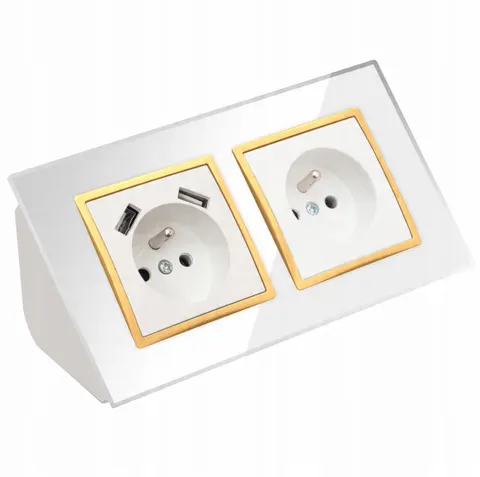 GNIAZDO PODWÓJNE SZKLANE MEBLOWE NAROŻNE BIURKOWE 2XUSB BIAŁE ZŁOTE