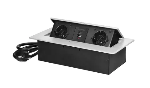Gniazda meblowe schuko 2x2P+Z, 2xUSB, przewód 1,5m wpuszczane w blat białe