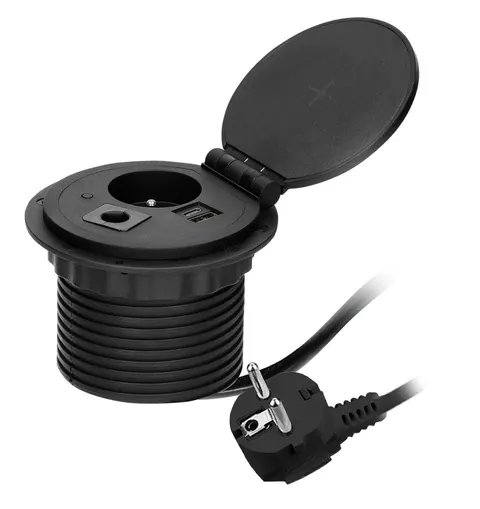 Gniazdo meblowe 1P+Z 2xUSB z ładowarką indukcyjną wpuszczane w blat