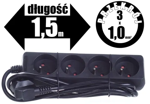 Przedłużacz mieszkaniowy czarny 4 gniazda 1,5m PM/4-3-1,5M 3x1,0