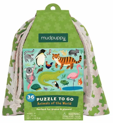 Puzzle podróżne w woreczku ZWIERZĘTA ŚWIATA 36 elementów Mudpuppy