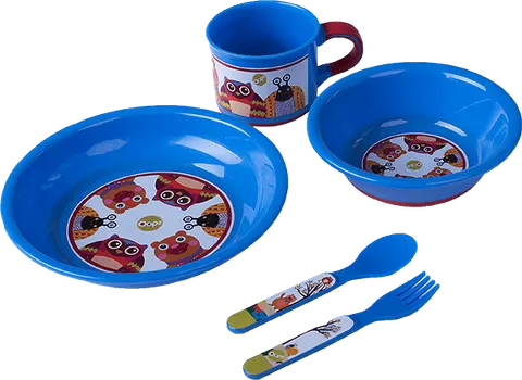 Zestaw niebieski talerzyki+kubek+sztućce Eat Well Oops