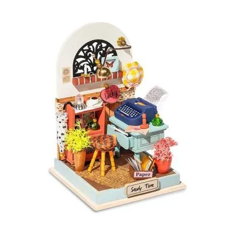 drewniany mini domek pracownia DIY model 3D Robotime LED