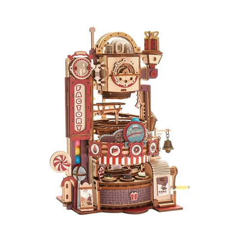 Tor do wyścigu kulek drewniany fabryka czekolady mechaniczny model 3D DIY Robotime