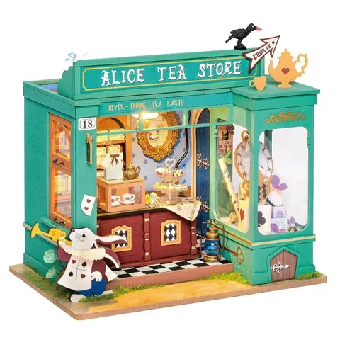 Herbaciarnia Alicji w krainie czarów DIY mini domek drewniany model 3D Robotime LED