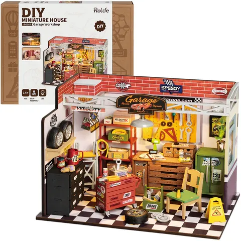 Robotime Warsztat samochodowy DIY mini domek drewniany model 3D LED