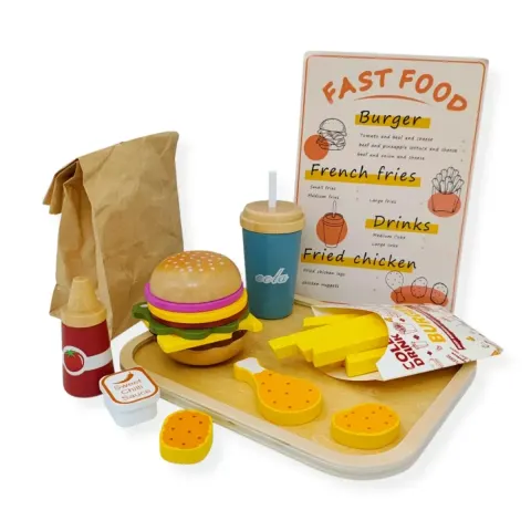 Drewniany zestaw fast food burger z akcesoriami - Kabi 3+