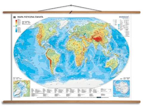 Ścienna mapa fizyczna świata – laminowana z wałkami (UNESCO, 3D)