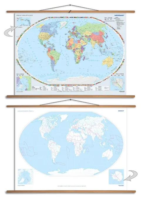 Dwustronna ścienna mapa świata DUO polityczna / konturowa 160x120 cm