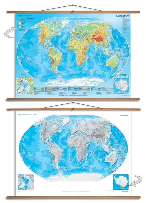 Dwustronna ścienna mapa świata DUO fizyczna / hipsometryczna 160x120 cm do szkoły
