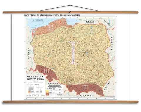 Ścienna mapa Polski ze strefami obciążenia wiatrem