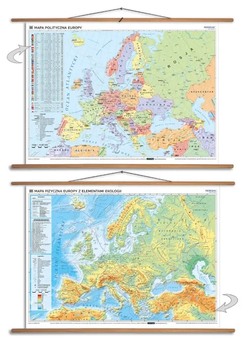 Dwustronna ścienna mapa Europy DUO fizyczna i polityczna do szkoły