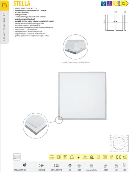 PANEL LED 40W STELLA 4800lm p/t 595x595 GWARANCJA 5LAT