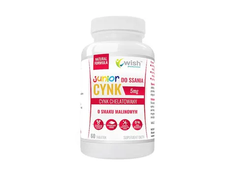 WISH Pharmaceutical Junior Cynk 5mg do ssania dla dzieci suplement diety o smaku Malinowym 60 tabletek