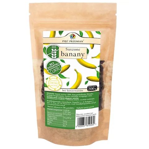 Banany Suszone bez Dodatku Cukru Bezglutenowe 200 g - Pięć Przemian