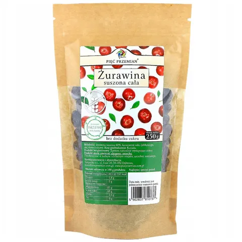 Żurawina Suszona Słodzona Sokiem Jabłkowym Cała Bezglutenowa 250 g - Pięć Przemian