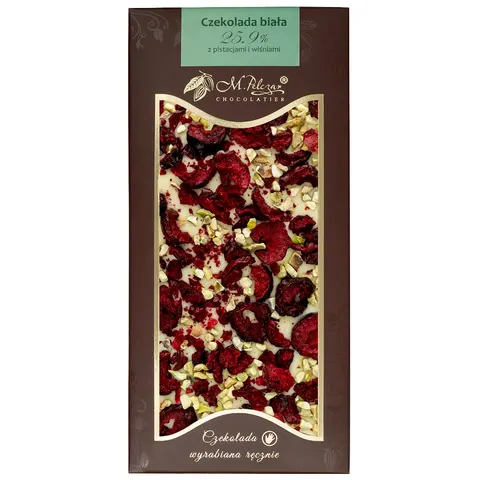 M.Pelczar Chocolatier Czekolada biała 25,9% z pistacjami i wiśniami 80g