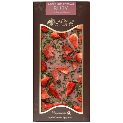 M.Pelczar Chocolatier Czekolada różowa RUBY z truskawkami i mięta 80g