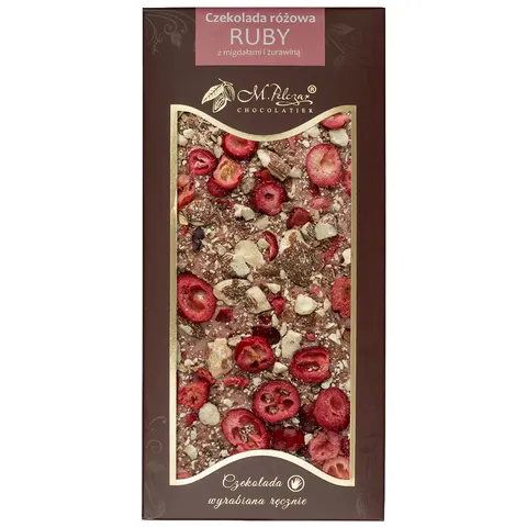 M.Pelczar Chocolatier Czekolada różowa RUBY z żurawiną i migdałami 80g