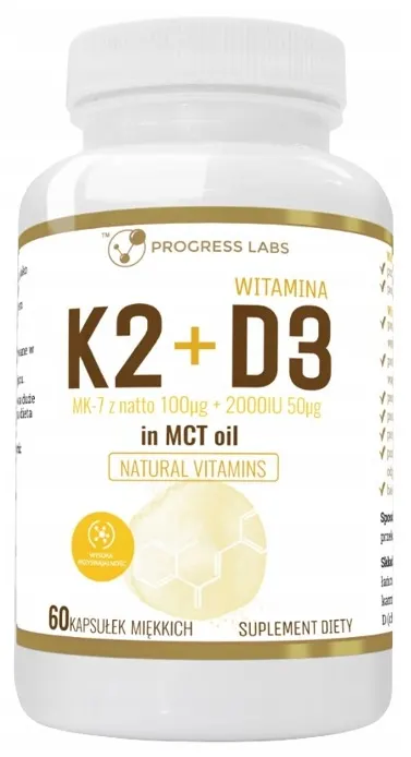 Progress LabsWitamina K2 MK-7 100mcg + D3 2000IU 50mcg w Oleju MCT ( 60 kap)
