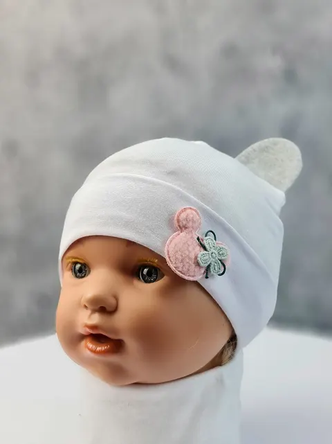 Komplet czapka z kominem dla dziewczynki myszka biały