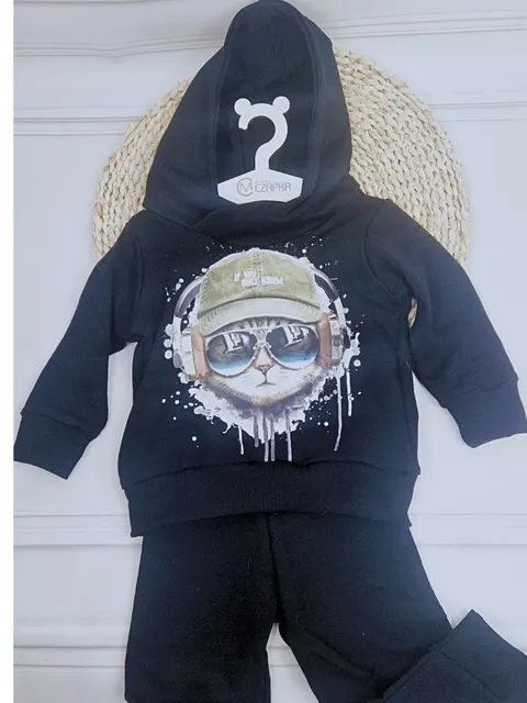 Dres dziecięcy kot, komplet dresowy spodnie i bluza czarny