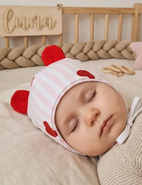 Czapka z wiązaniem dla dziewczynki różowe paseczki