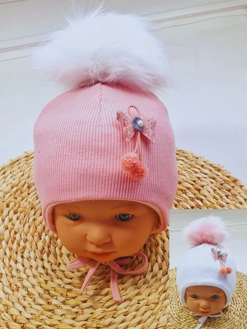Czapka z pomponem dla dziewczynki kokardka